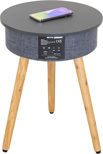 AIC Elektronik BTT1 Smart Table - QI Wireless Charging Portable Bluetooth Speaker Table with Sub-Woofer, Integrated Rechargeable Battery, USB & AUX IN, Bluetooth V5.0  Black