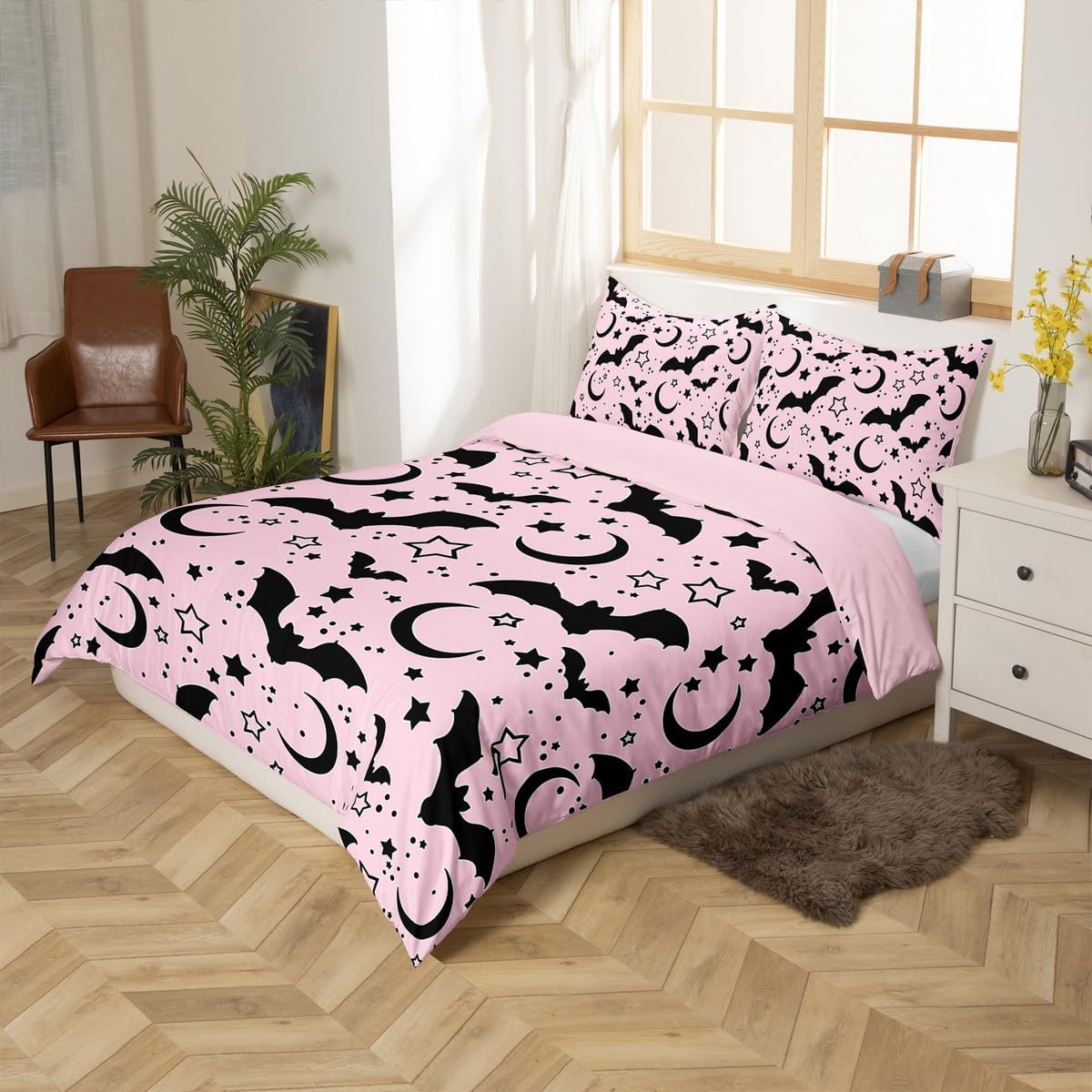 jejeloiu Kids Bat Bedding Set Halloween Bat Print Duvet Cover Queen Size for Boys Girls Teens Bedroom Decor Wild Animal Comforter Cover Set Pink Black Bedspread Cover with 2 Pillow Case,No Comforter