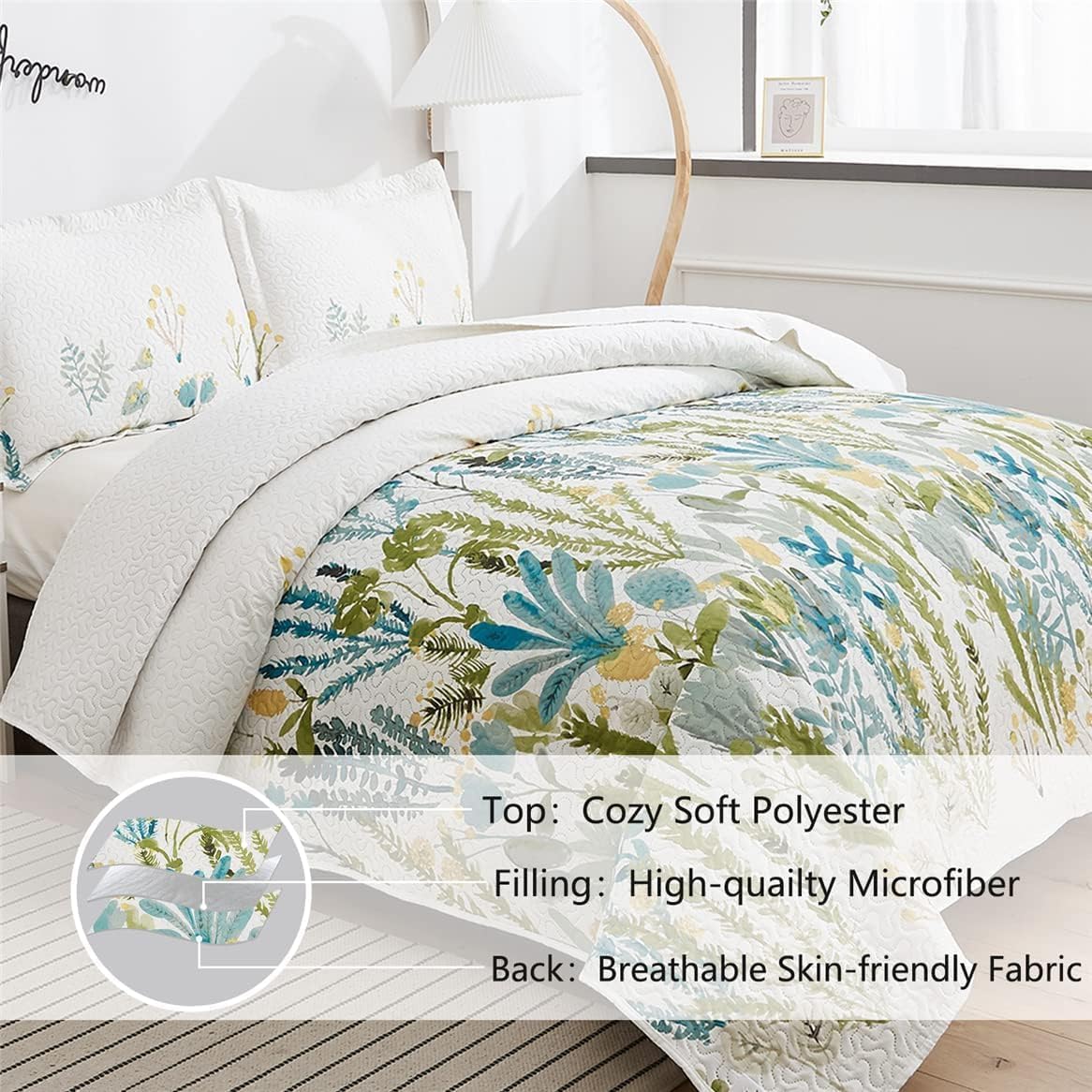 Green White Floral Quilt Set King Size Botanical Bedspread Breathable Flower Plant Coverlet Set Garden Quilts Bed Cover Leaves Bedding with 2 Standard Random Pillow Shams