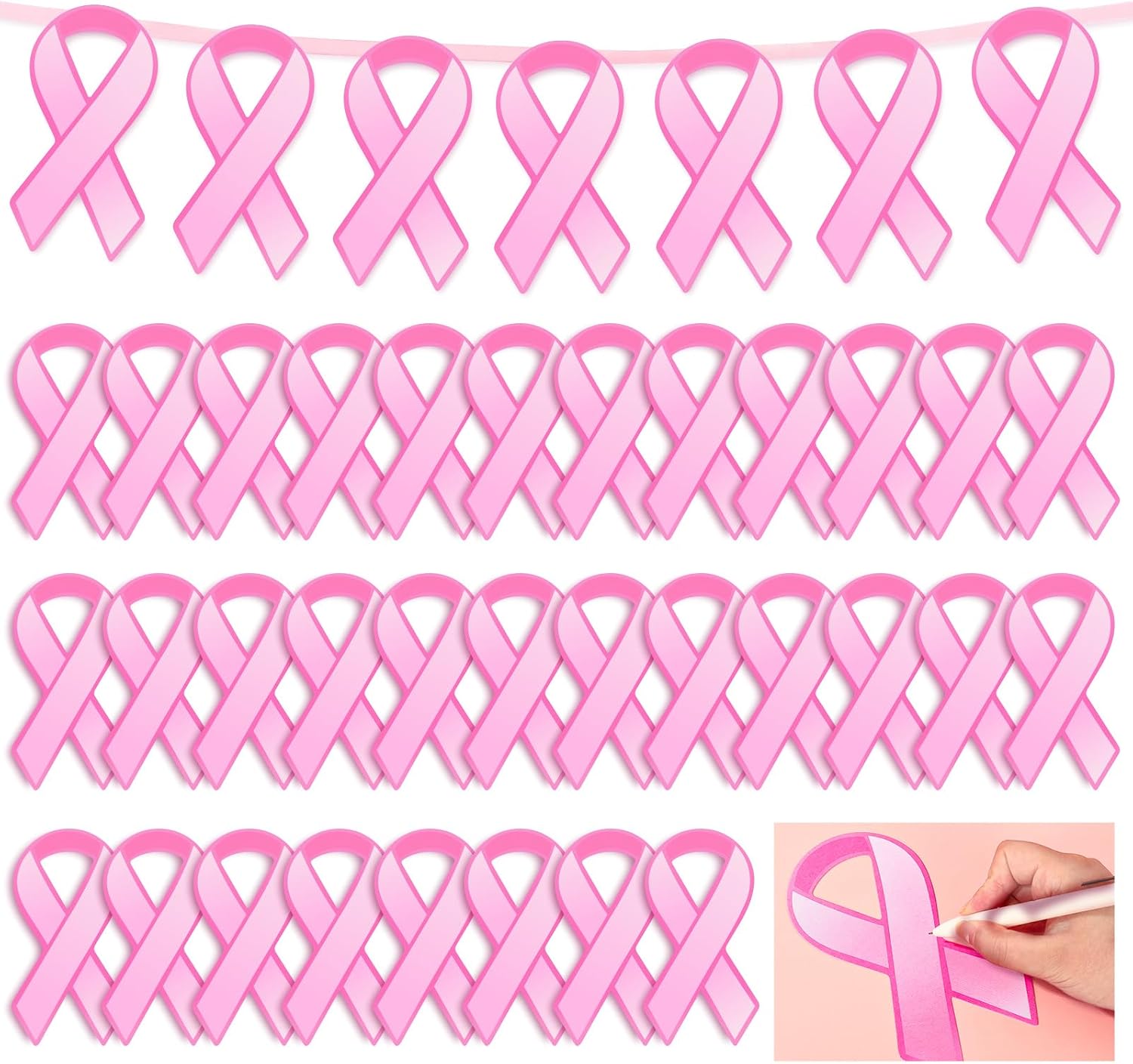 Whaline 100 Pcs Pink Ribbon Cutouts Breast Cancer Awareness Paper Ribbons Cut-Outs with 32 Ft Pink Ribbon 200 Pcs Glue Points for Women Charity Public and Social Event Supplies Decor