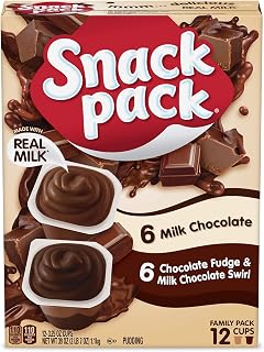 Snack Pack Milk Chocolate & Fudge Swirl Pudding Cups, 12-Count Family Pack, Real Milk, No HFCS, Kids Lunch Snack