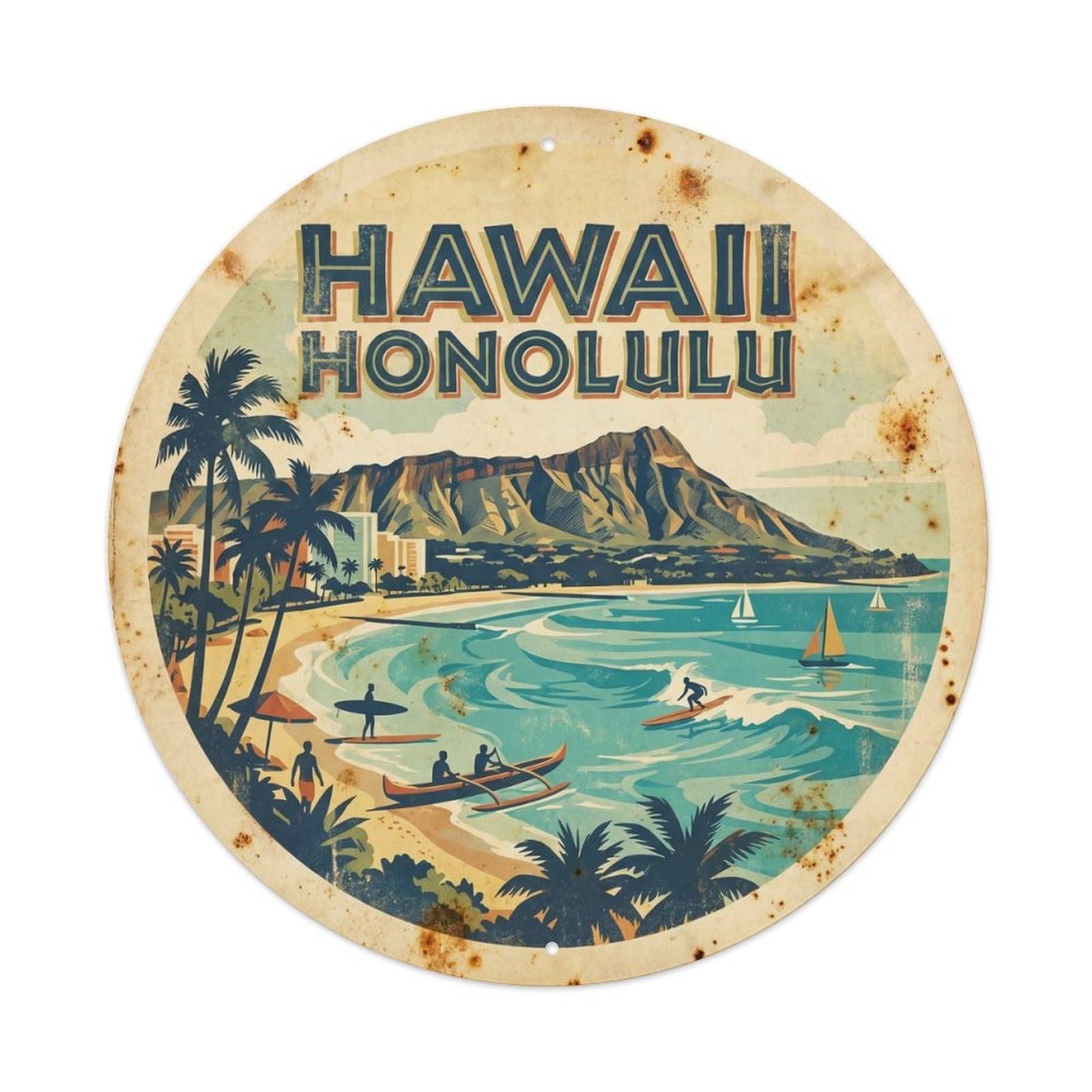 Hawaii Honolulu Island Travel Retro Ink Destination Metal Tin Sign
