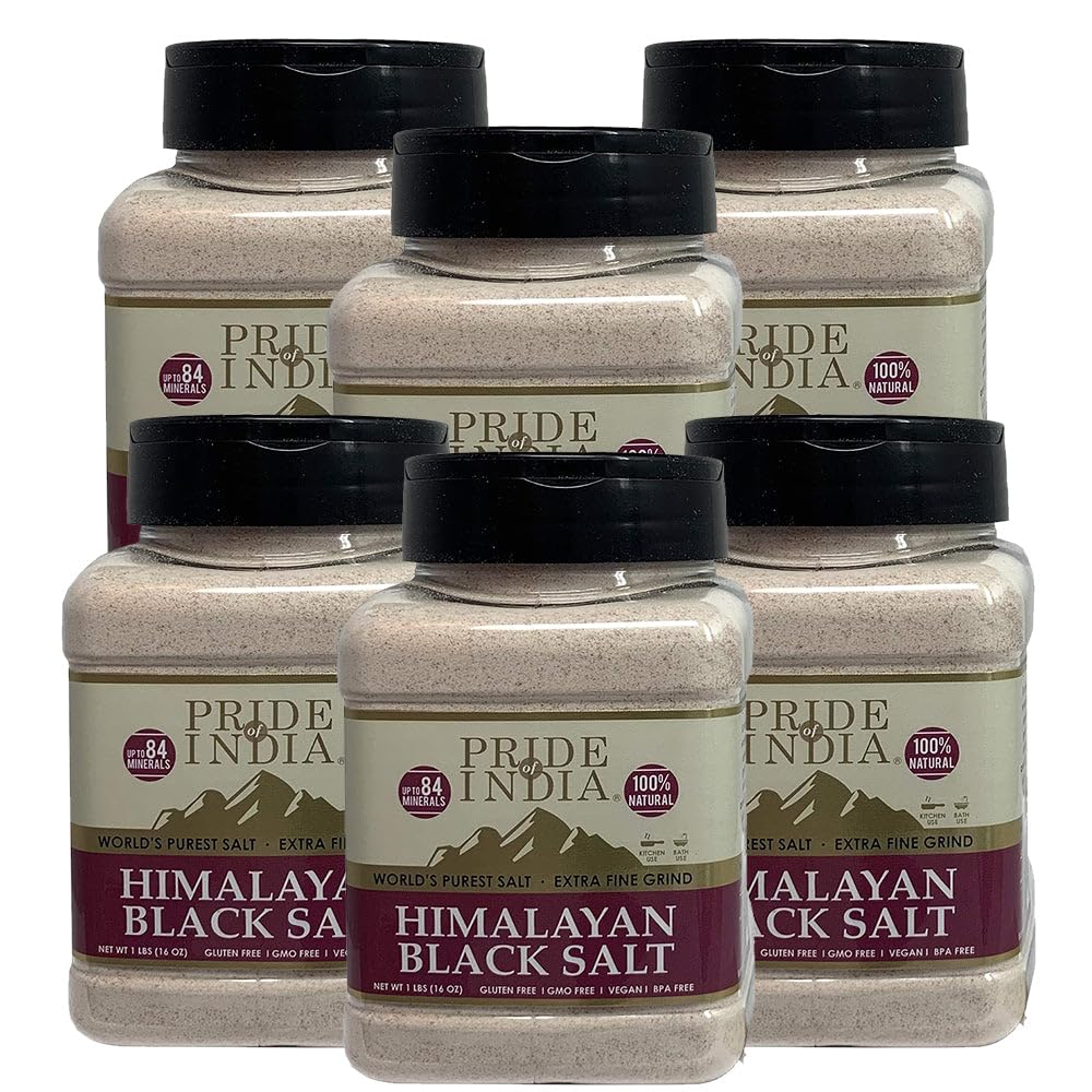 Pride Of India - PACK of 6 - Himalayan Black Salt (Kala Namak) Extra Fine, 1 Pound (16oz) Dual Sifter Jar - 84+ Natural Mineral Enriched - Great for Vegan Tofu Scrambles - Natural Faux Egg Flavor