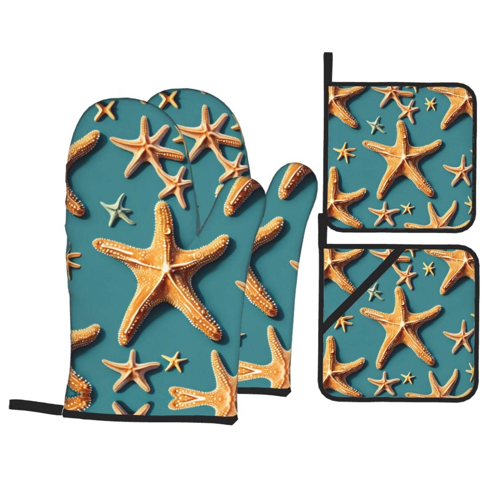 Beach Starfish Print Oven Microwaving Waterproof Kitchen Gloves for Baking Grilling Holiday Cooking