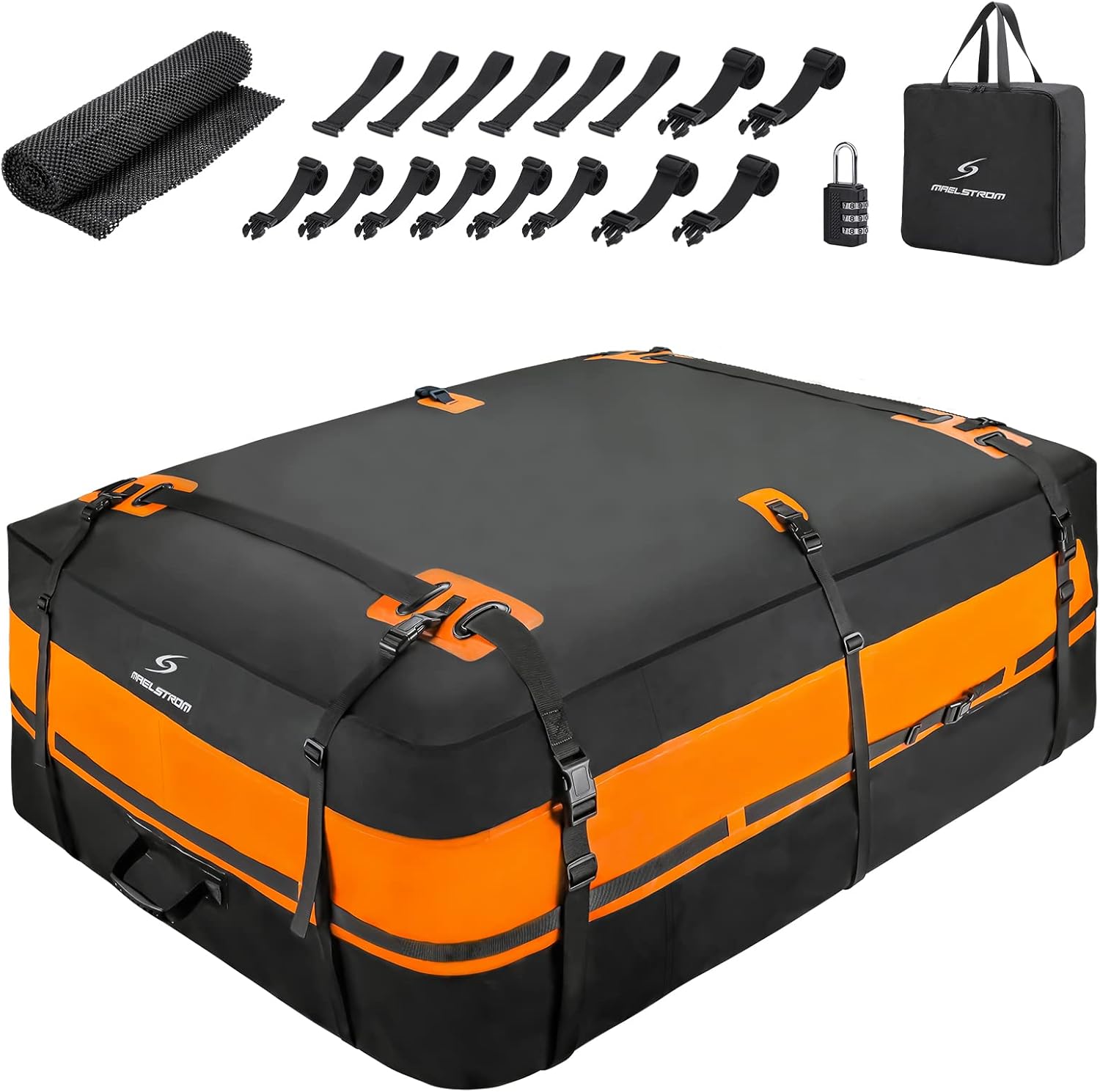 Maelstrom Rooftop Cargo Carrier,Car Roof Bag,21 Cubic Feet Waterproof Roof Rack Cargo Carrier,Tear Resistant Vehicle Cargo Carrier,Black with Orange