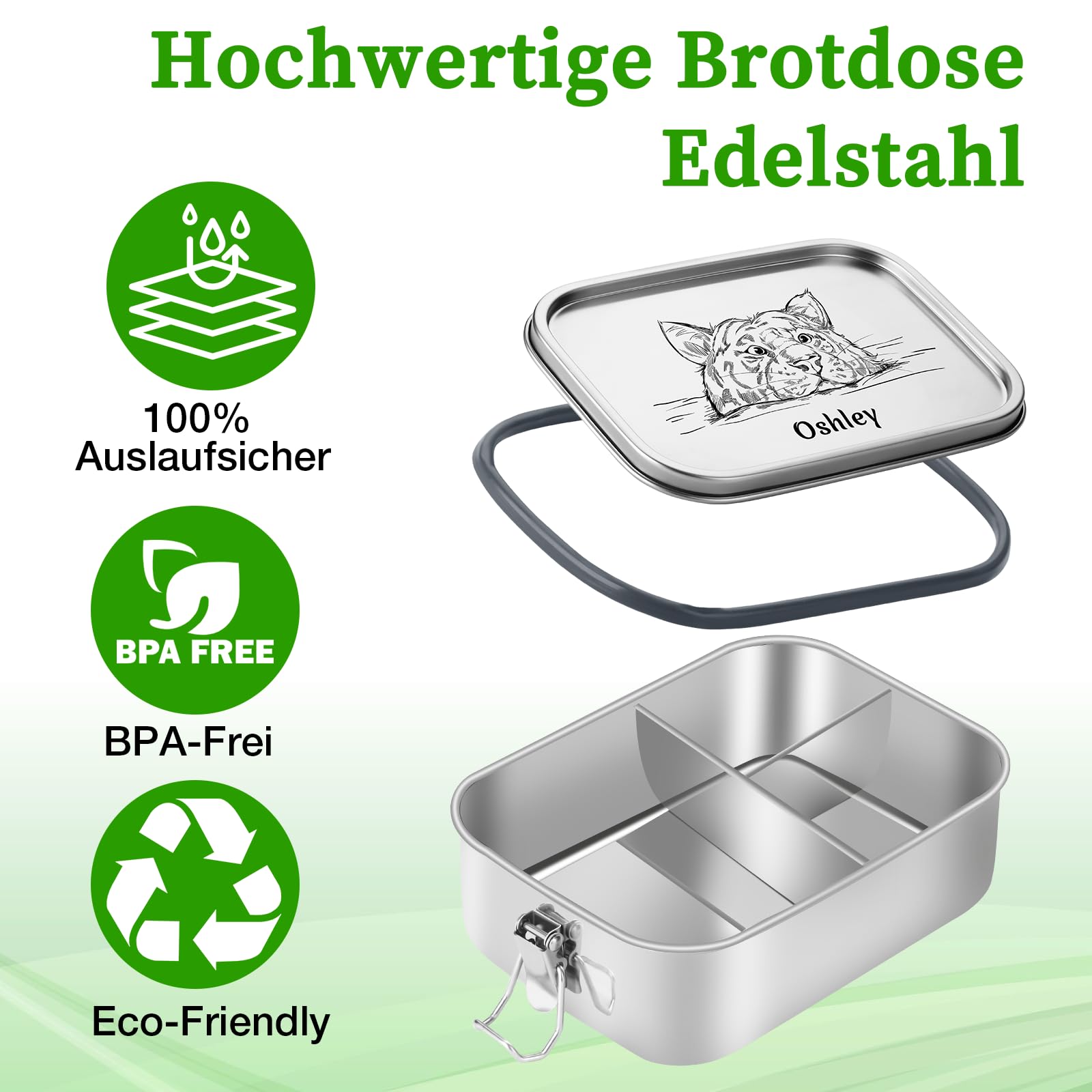 OXYEFEI Brotdose Kinder mit Fächern, Personalisierte Edelstahl Brotdose Kinder mit Namen Geschenk zur Einschulung für Jungen und Mädchen (Dinosaurier-1, 1000 ml)