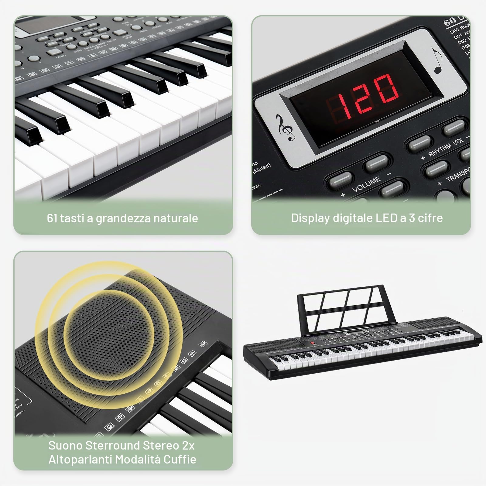 LEADZM Keyboard Piano a 61 tasti, pianoforte digitale con supporto per tastiera, banco per pianoforte, leggio per spartiti, cuffie, microfono, schermo LED, 3 modalità di apprendimento per principianti