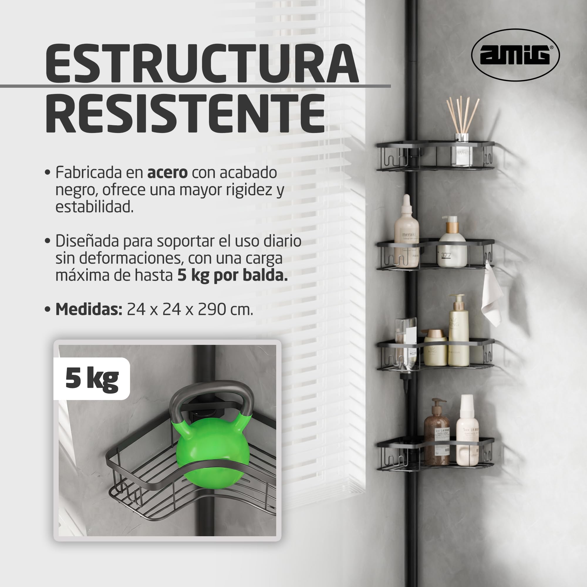 Amig - Estanteria Ducha Telescopica - Ajustable hasta 290cm - Color Negro