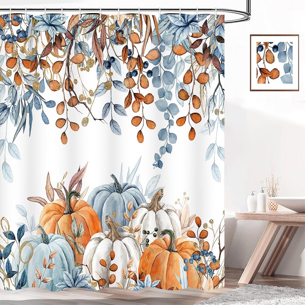 Fall Autumn Shower Curtain, Harvest Pumpkin Thanksgiving Farmhouse Bath Curtain, Blue Orange Pumpkins Maple Leaves Bathroom Accessories Botanical Floral for Bathroom Curtain Set with Hooks, 69x84in