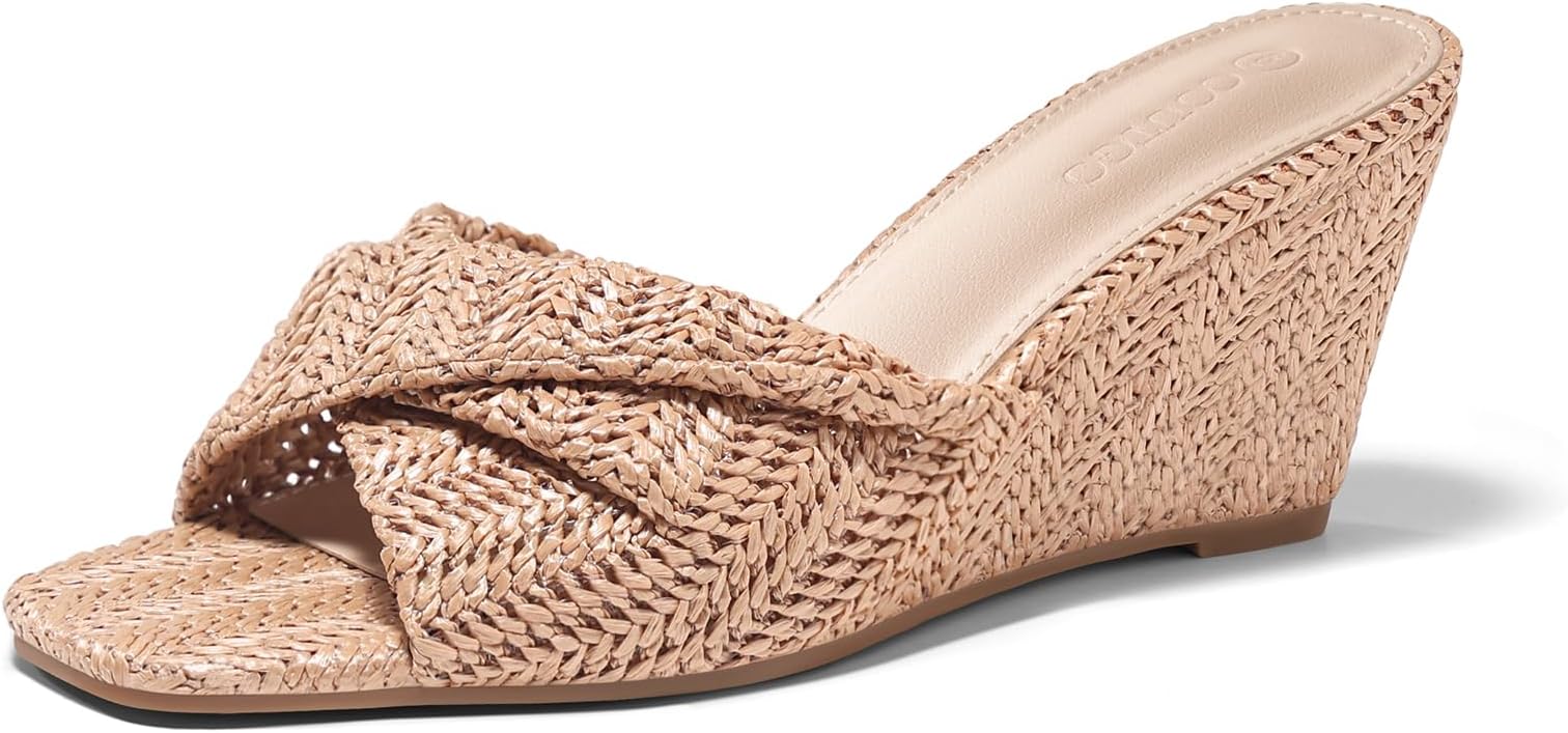 Womens Wedge Sandals Espadrilles Square Open Toe Slip On High Heels Slides Summer Beach Shoes
