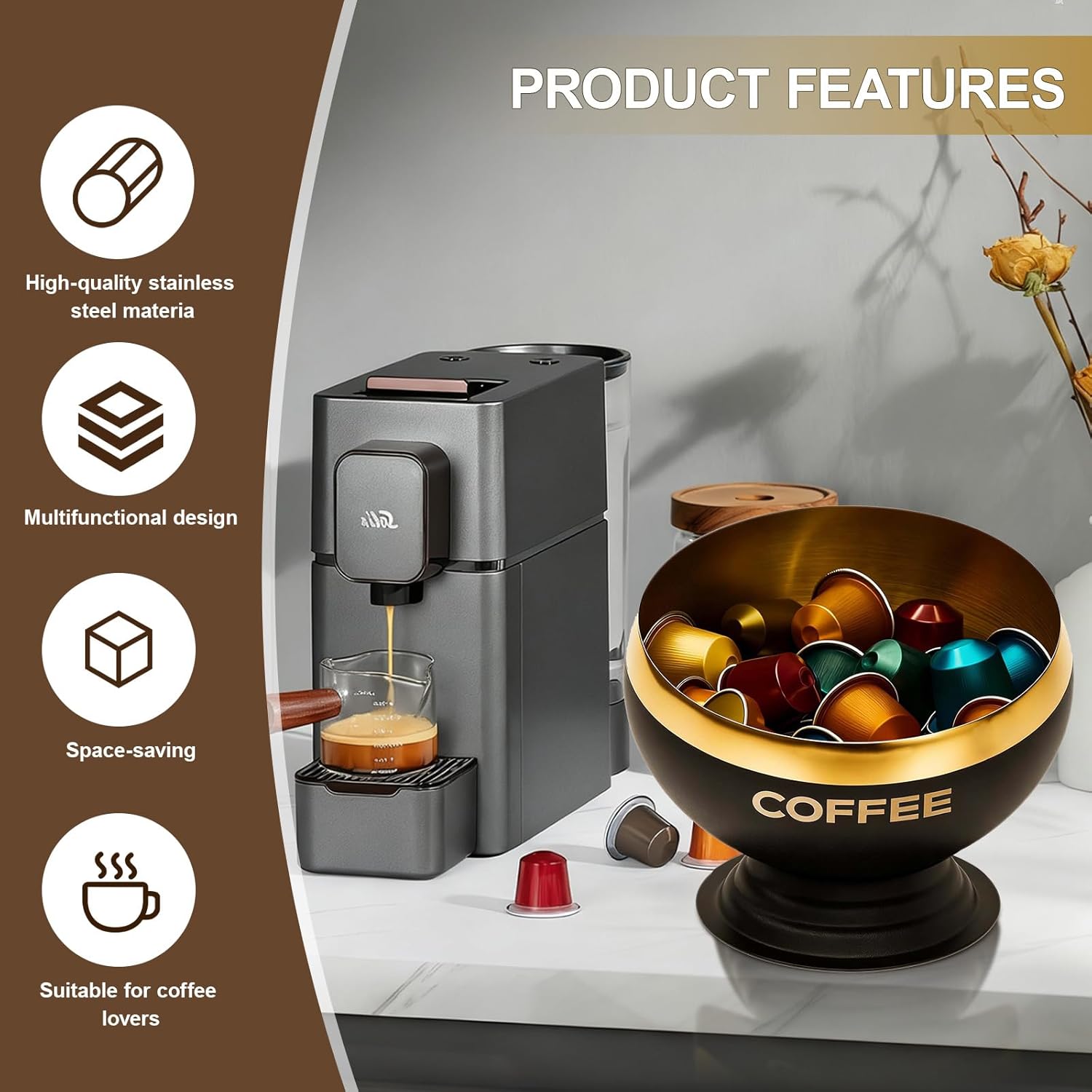 Coffee Pod Holder - Large Capacity Black & Gold Metal Coffee Pod Storage, Capsule Storage Organizer, Coffee Bar Accessories for Kitchen Counter Office Desktop (Black+Gold-7.1in/18cm)