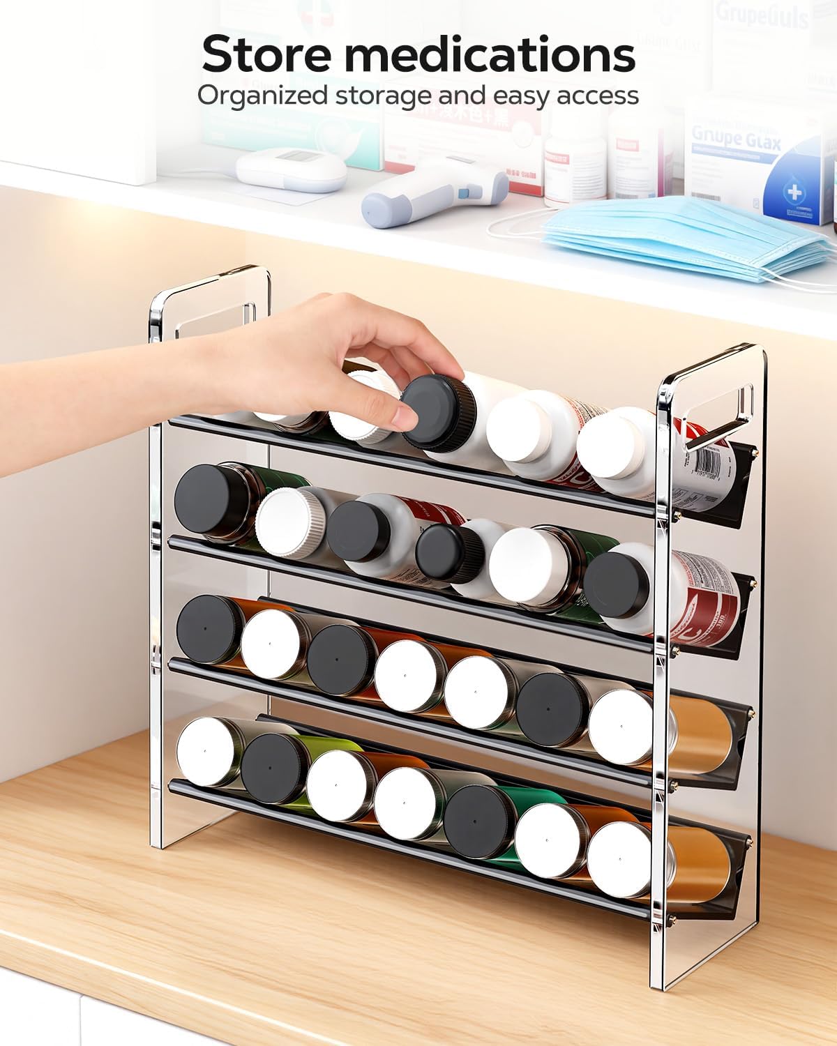 Nieifi Transparent & Black Spice Rack Rustproof, without Seasoning Jars,4-Tier Transparent ABS Plastic Spice Rack Organizer for Cabinet and Countertop,Thickened Corrosion-Resistant-Tiered Kitchen