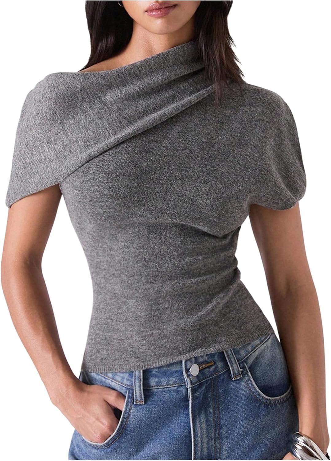 Floerns Women's Dolman Sleeve Knitted Sweater Asymmetrical Neck Pullover Tops