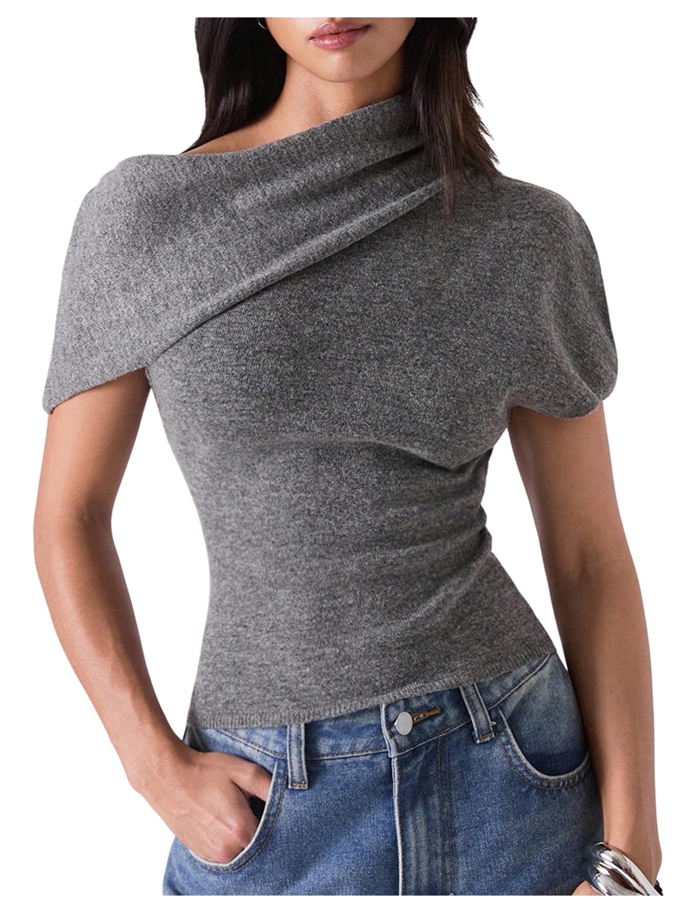 MakeMeChic Womens Cropped Sweater Short Sleeve Asymmetrical Going Oout Tops