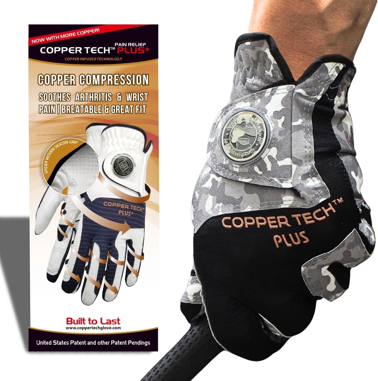 Copper Tech Men's Golf Gloves with Ball Marker - USA Flag & Camo Golf Glove for American Patriots - Perfect for Summer Golfing - 100% AAA Cabretta Leather Golf Glove (Camo, Small, Worn on Right)