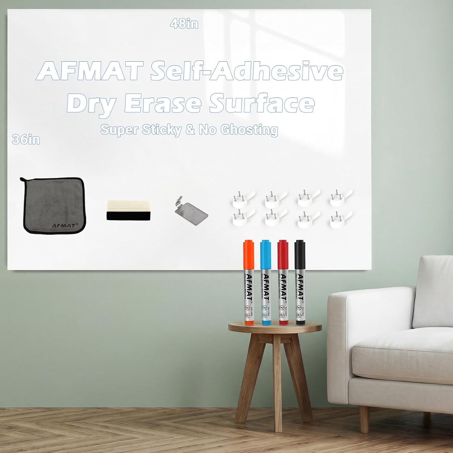 AFMAT Dry Erase Board Sticker, 48 x 36 inches White Board Wallpaper, Dry Erase Sticker for Wall, 4' x 3' Peel and Stick Whiteboard Contact Paper, Adhesive Whiteboard Roll, No Ghost, 4 Markers WS23D
