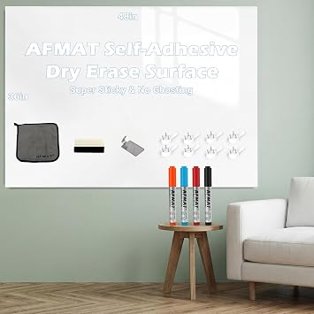 AFMAT Dry Erase Board Sticker, 48 x 36 inches White Board Wallpaper, Dry Erase Sticker for Wall, 4 x 3 Peel and Stick Whiteboard Contact Paper, Adhesive Whiteboard Roll, No Ghost, 4 Markers WS23D