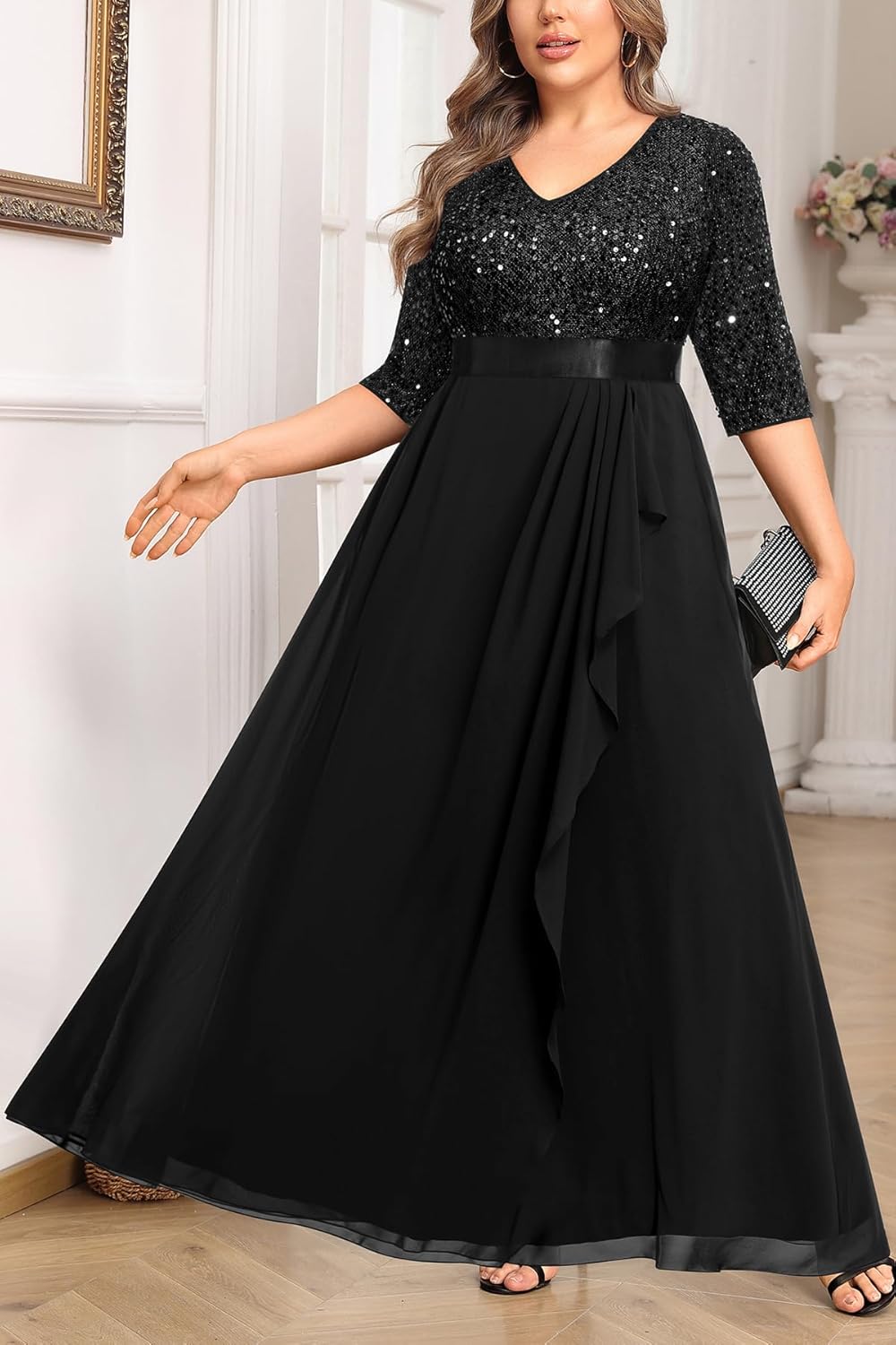 Plus Size Formal Dresses - V Neck 3/4 Sleeves Sequin Evening Gowns Prom Gala Wedding Guest Chiffon Long Maxi Dress - Image 5