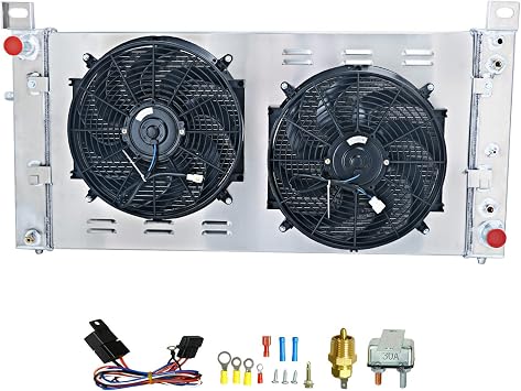 34 Core Radiator for 1999-2014 Chevy Silverado 1500 HD Tahoe GMC Yukon V8, 3 Row Core Aluminum Radiator + Shroud/Fan + Relay Kit