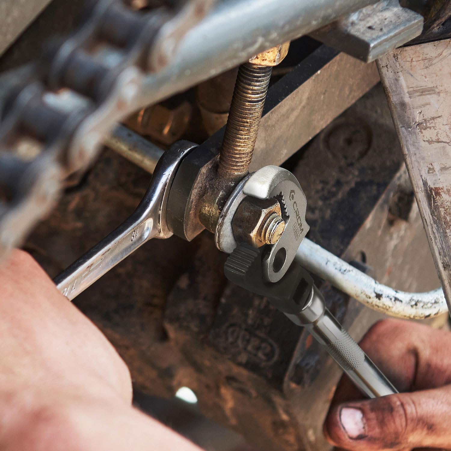 CROM Adjustable Crowfoot Wrench Set - Spring Loaded Wrench – Male & Female Square Drives Work With Ratchet, Breaker Bar, Extension Bar (3 Piece Set (1/4", 3/8", 1/2"))