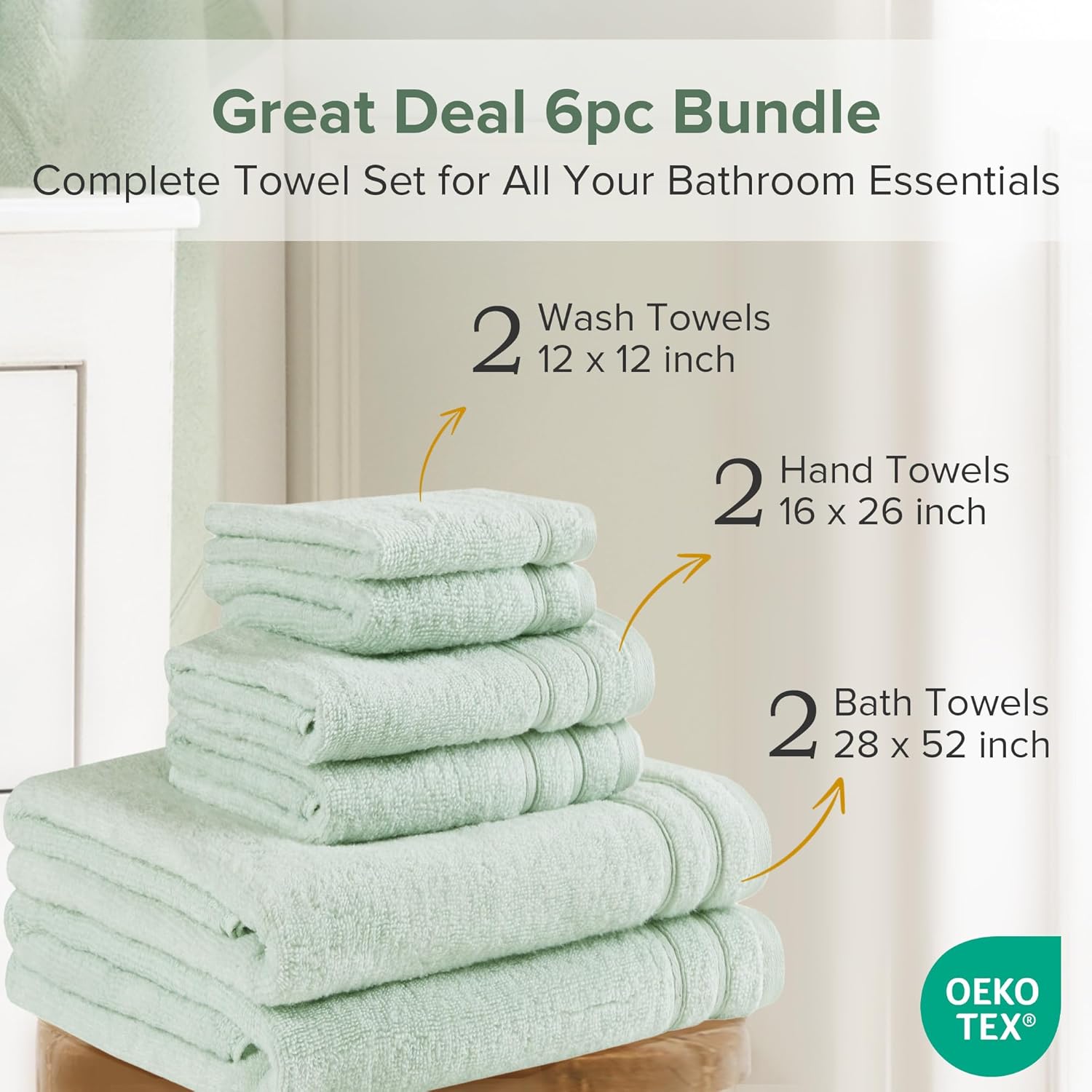 Comfort Spaces Luxury Bath Set - 6 Pieces (2 Bath Towels, 2 Hand Towels, 2 Washcloths) - 100% Cotton, Quick-Dry - Lightweight, Soft Seafoam Green