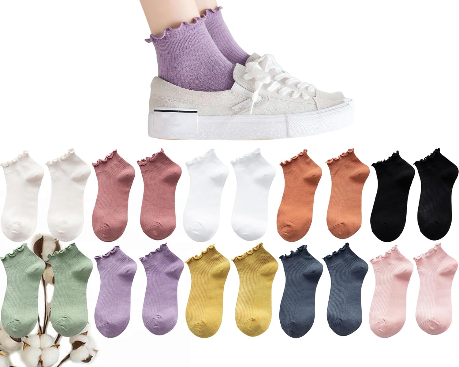 CHUNFO Womens Ruffle Socks Ankle Classic Basic Colorful Cotton Running Athletic Dress Sock Crew Size5-9