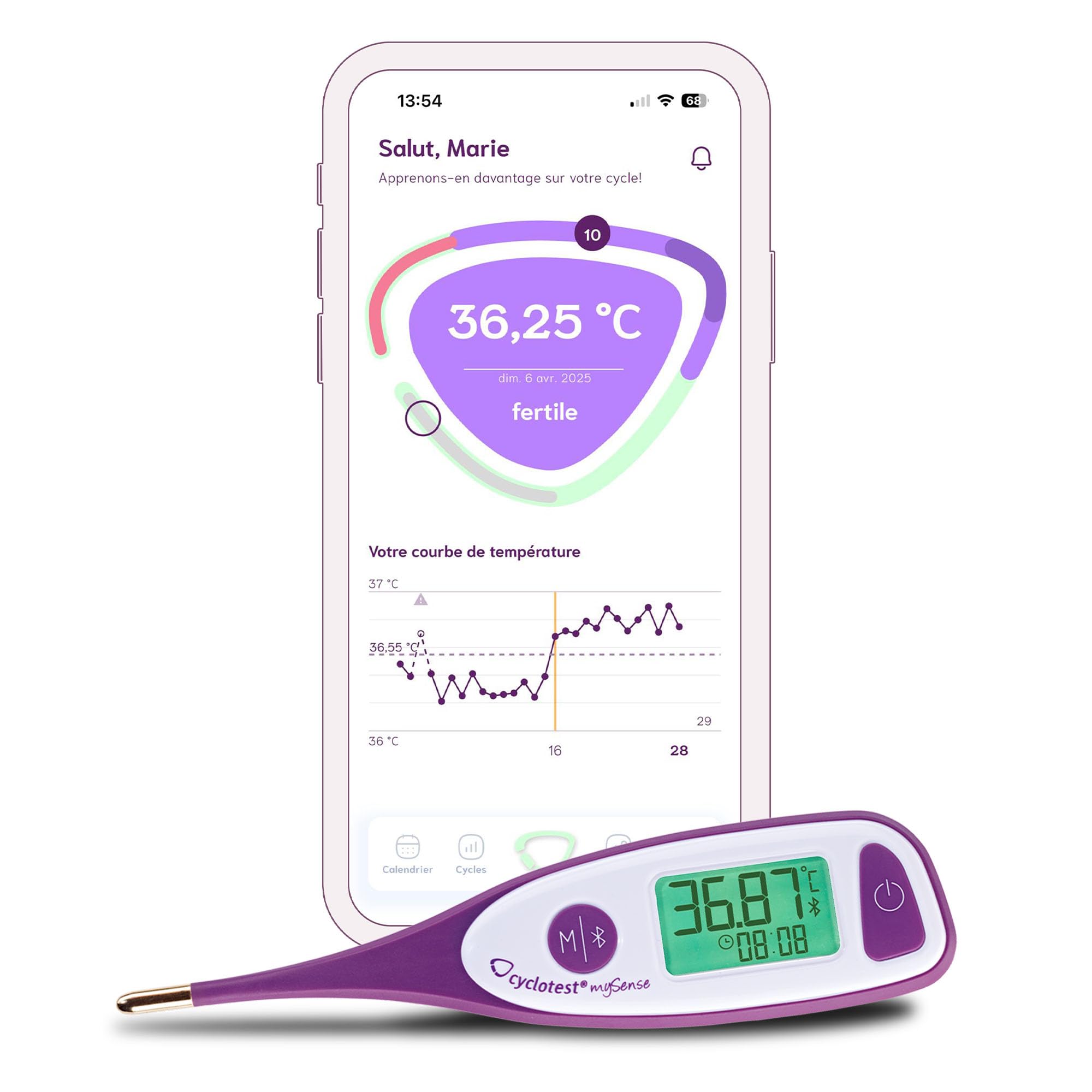 Cyclotest MySense lifetime - Thermomètre Basal connecté | App premium à vie - Connexion bluetooth - Transfert température automatique - Suivi de cycle facile - Haute précision de mesure