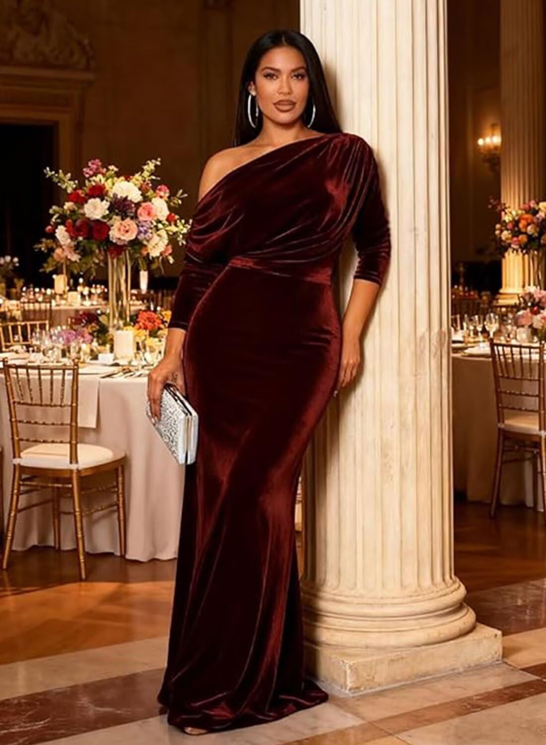 Velvet Long Sleeve Wedding Guest Dress for Women Maxi Mermaid Formal Evening Gown - Image 3