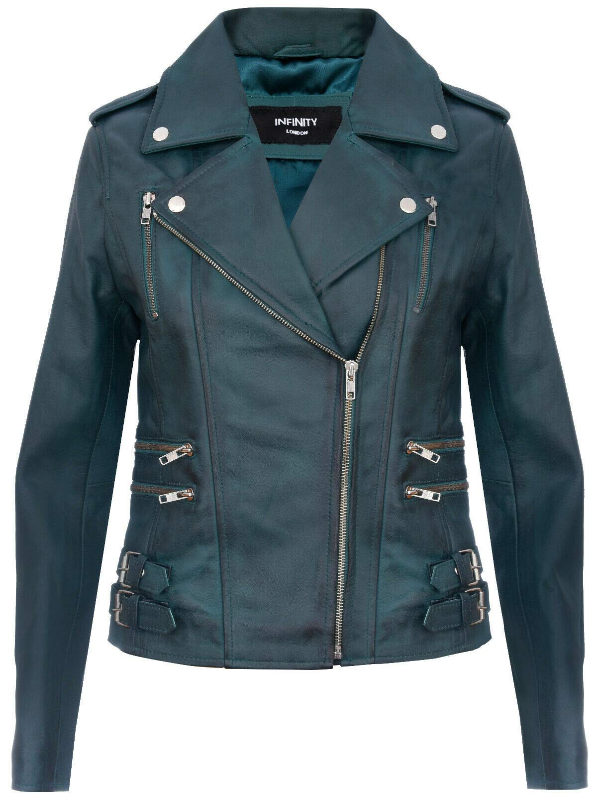 Infinity Leather Women's Teal Retro 100% Nappa Leather Biker Jacket L