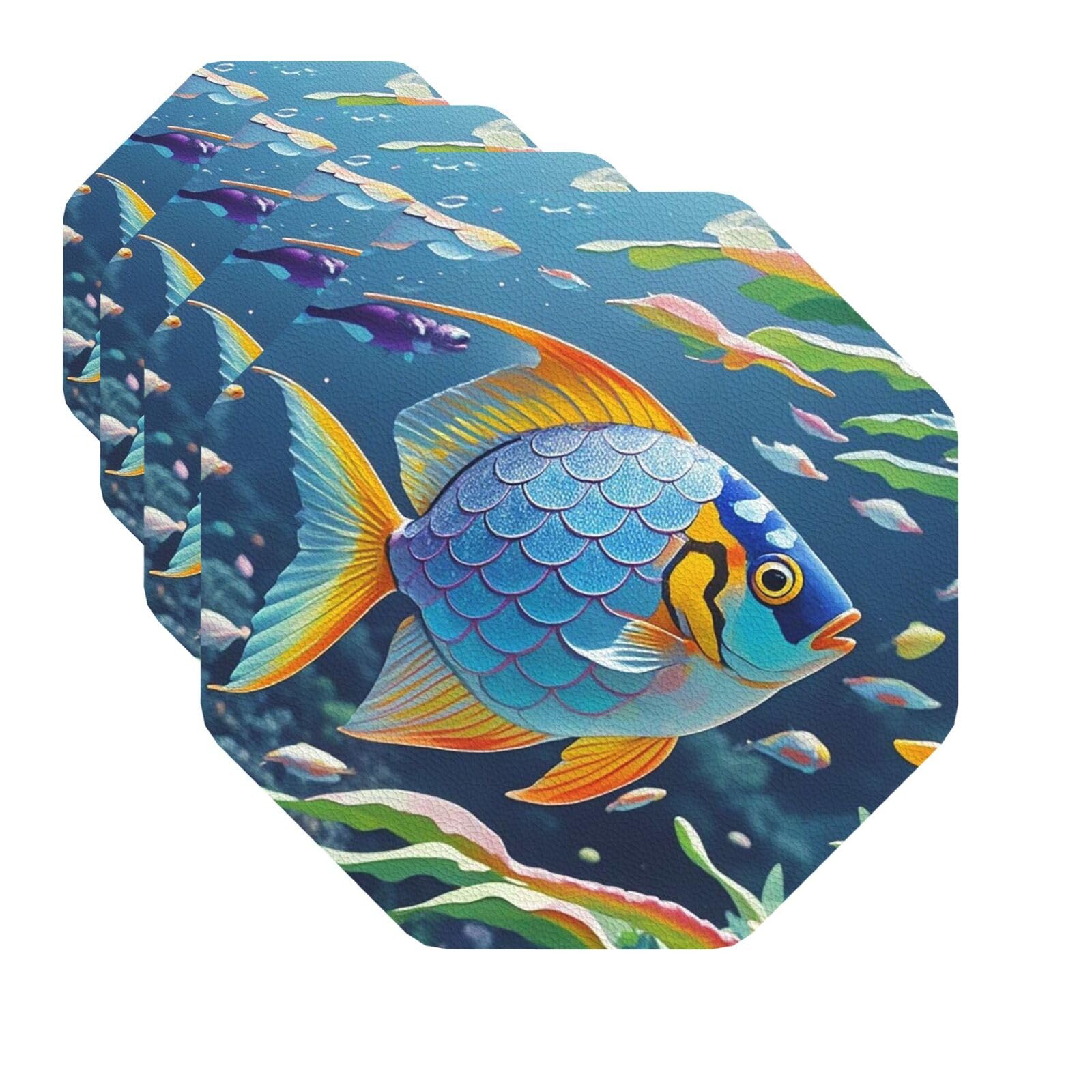 Drink Coasters Set of 4 Quick-Dry Leather Coaster Rainbow Fish Scale Coasters for Drinks Coffee Cup Mat Tabletop Protection Heat Resistant Coaster for Kitchen Bar Office Home Decor