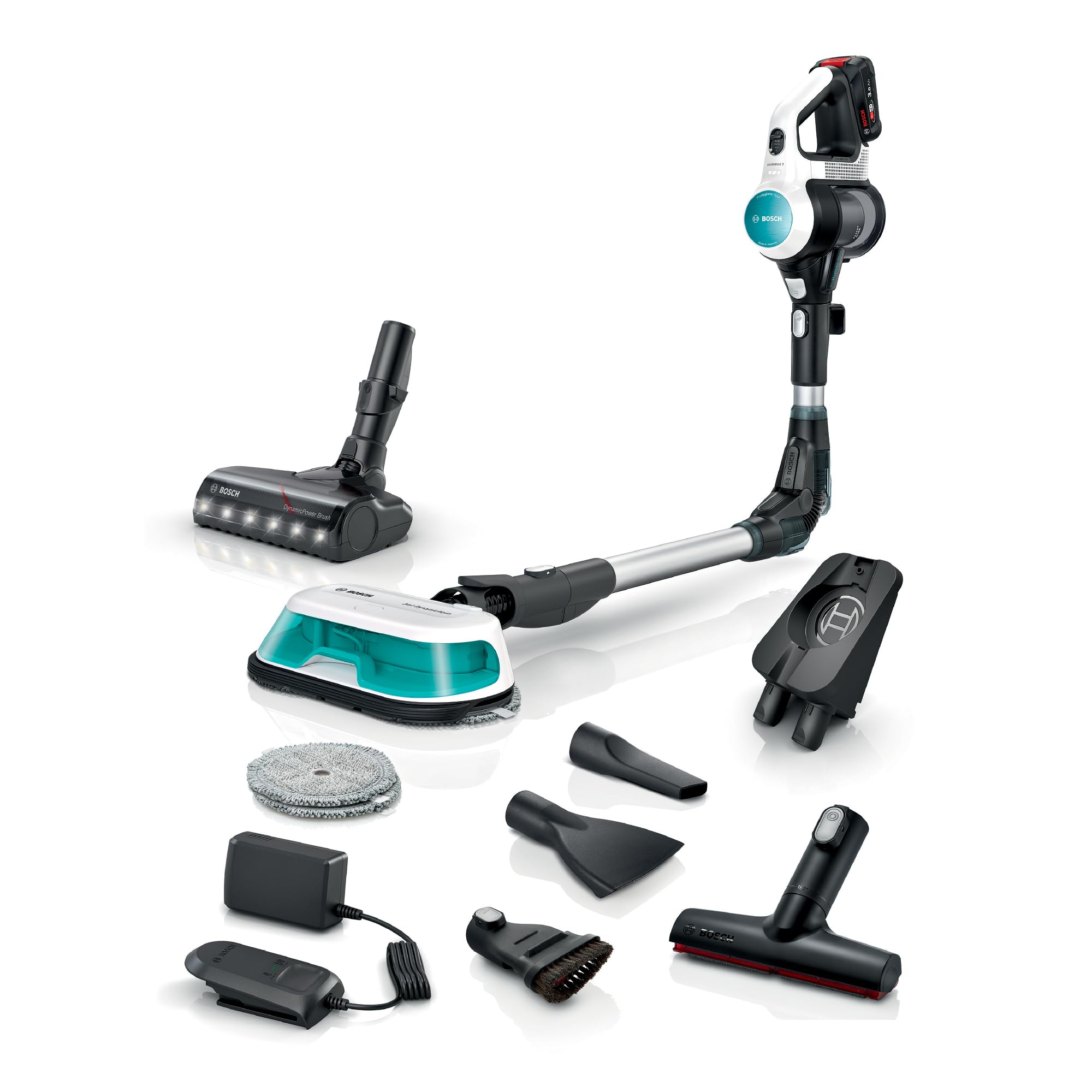 Bosch Akku-Staubsauger Unlimited 7 ProHygienic Aqua BKS71HYG1, kabellos, 2in1 Saugen & Wischen, Knickrohr, HEPA-Filtersystem, 10 J. Motorgarantie, Wechselakku, Schnellladegerät, Made in Germany, weiß