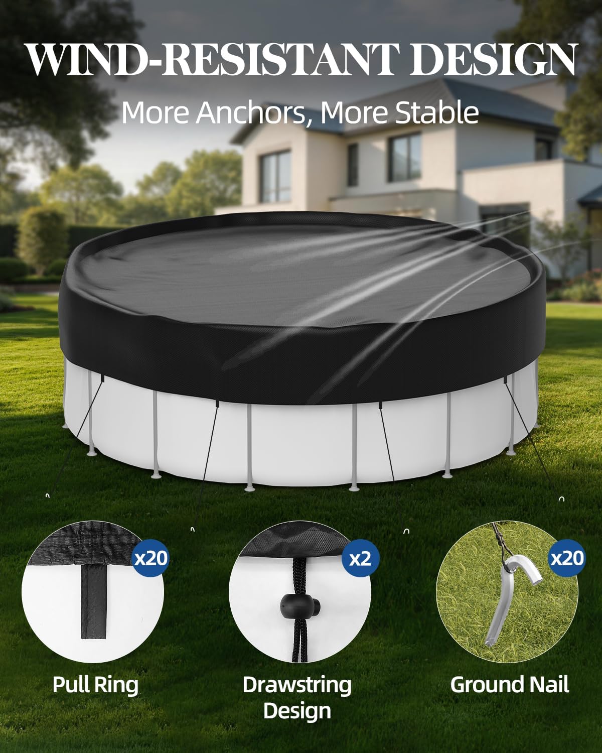 24 ft Round Pool Covers for Above Ground Pools, Thicker Solar Pool Cover Protector - Heavy Duty Tear Resistant Fabric, with Ropes and Ground Nails, Waterproof, Dustproof, Windproof (Black)