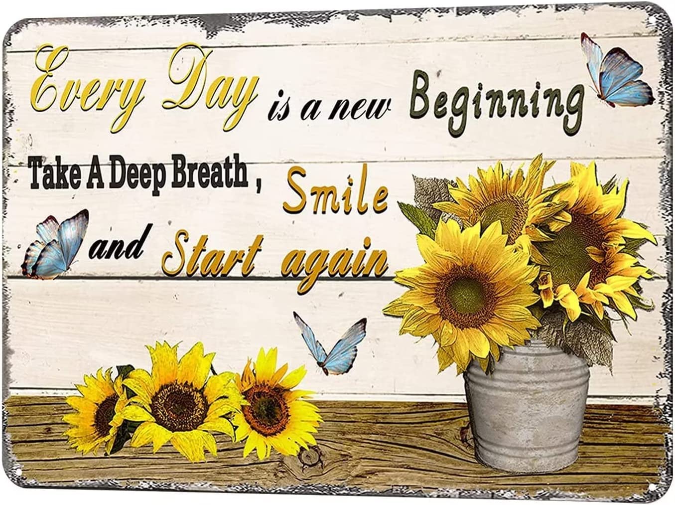 rayprint Every Day Is A New Beginning, Sunflowers And Butterfly Metal Sign Home Decor Wood Texture Aluminum Sign Plaque For Home Kitchen Garden Cafe Farmhouse Wall Art Decor 12x16 Inch