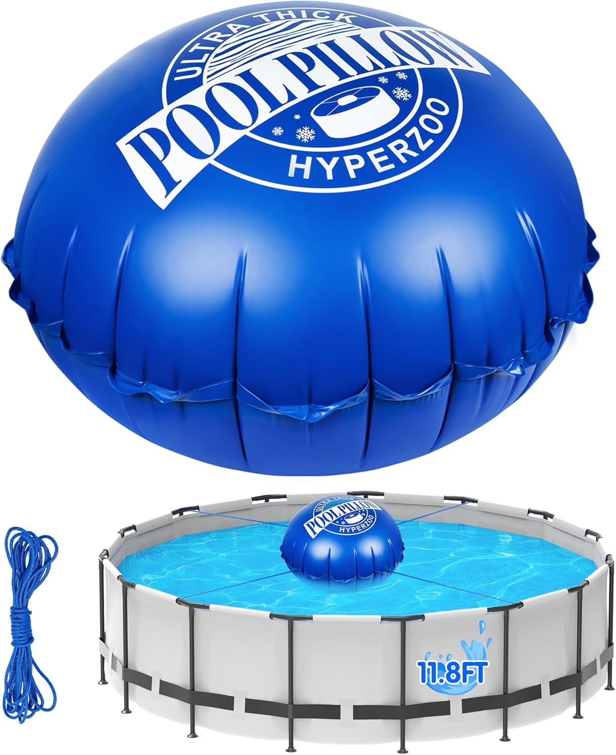11.8 x 11.8 Ft Pool Pillows for Above Ground Pools, Hyperzoo Heavy Duty Pool Closing Kit for Above Ground, Upgraded 0.6mm PVC Cold-Resistant Inflatable Air Pillow for Winterizing, with 65ft Rope Bule 11.8 x 11.8 Ft