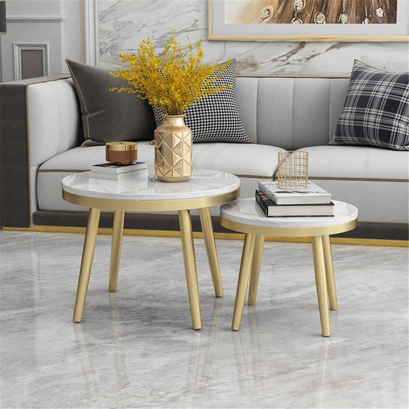 Marmor-Rundtisch, moderner Akzent-Couchtisch, Wohnzimmer-Ausstellungstisch, Sofa-Seiten-Ausstellungstisch, Eckregal, Schlafzimmer-Nachttisch – weiße Tischplatte, weiß, 60 x 60 x 38 cm, hergestellt in