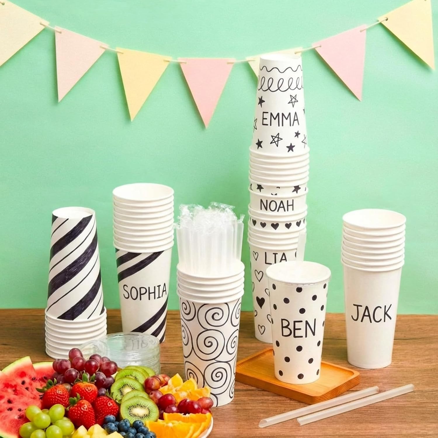 Roshtia 50 Sets 32 oz White Paper Cups with Lids and Straws (Individually Packaged), DIY Disposable Drinking Cups for Snack Bar Cold Drinks, Iced Coffee, Milkshakes, Smoothies, Beverages, Parfaits image 2