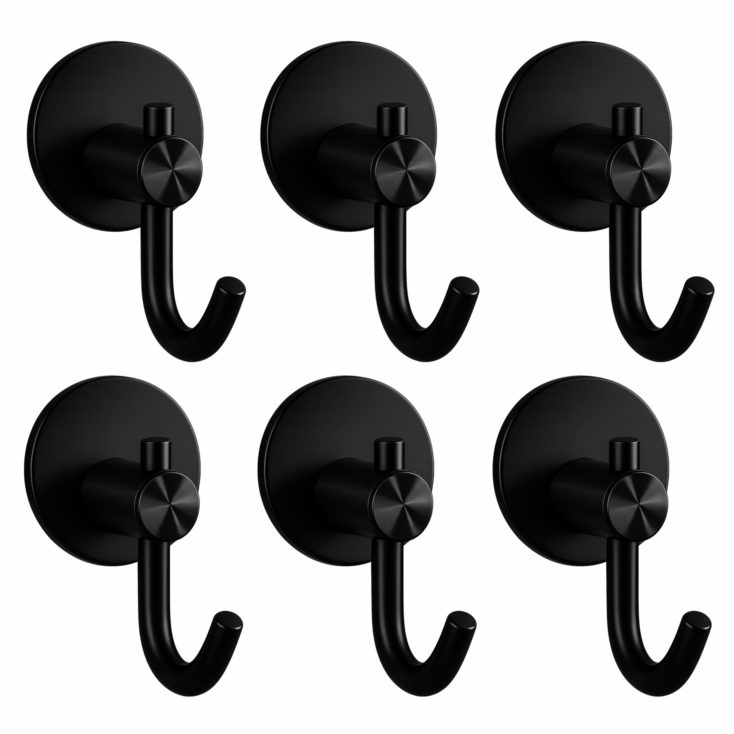 JIALTO 6 pcs Self-Adhesive Stainless Steel Hooks: Heavy-Duty Wall Hanging Solution for Bathroom & Kitchen - Waterproof, Drill-Free, Strong Coat/Towel Wall Hooks (Big Round Black Hook)