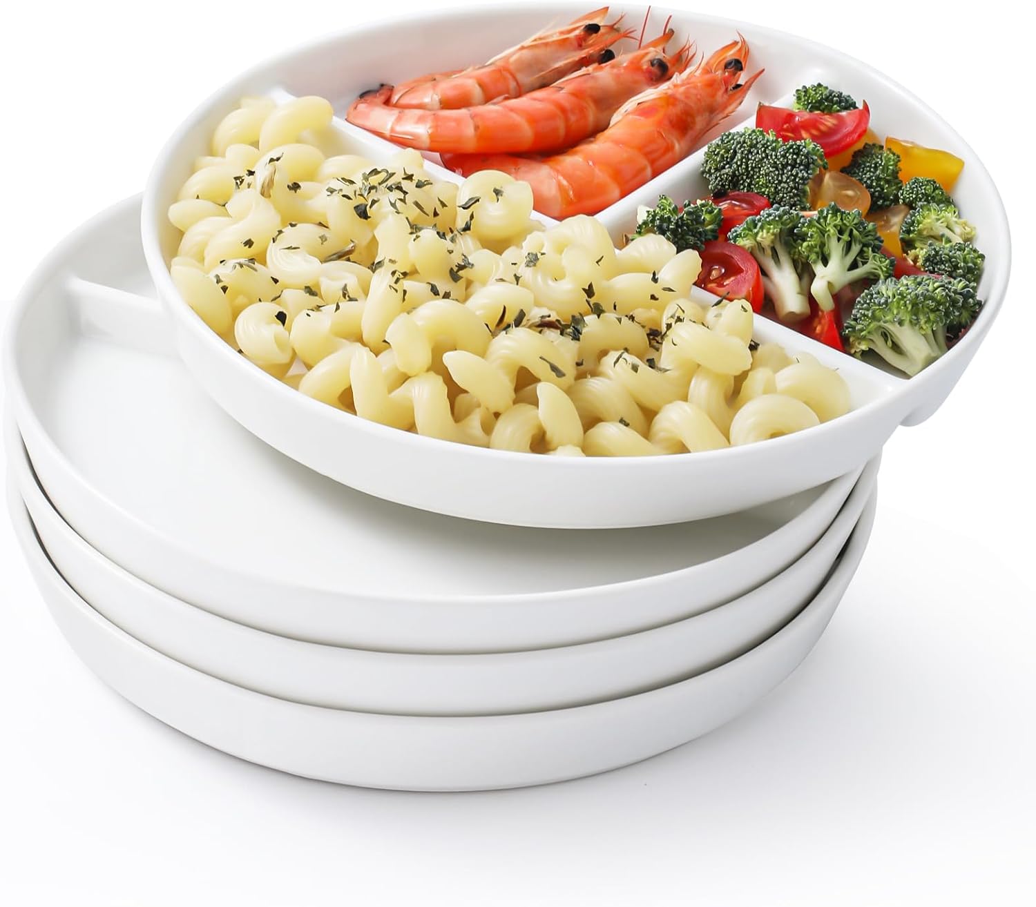 Ceramic Divided Plates Set of 4Pcs, large, White, Portion Control Plate, Reusable Bariatric Plate for Kids Adults, 3 Compartment Plates