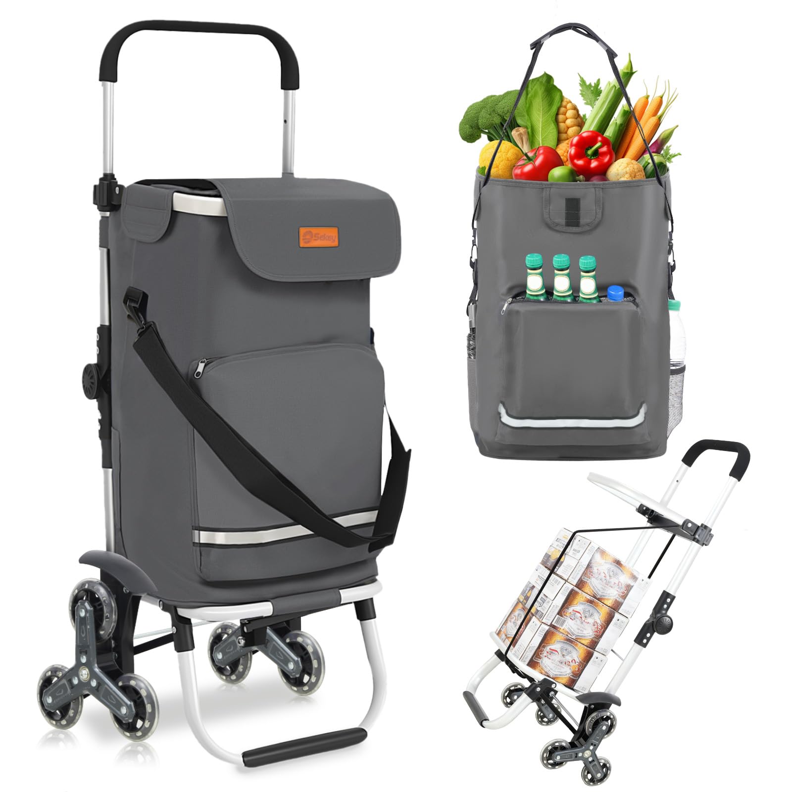 Sekey Carrello della Spesa Pieghevole con Funzione Saliscale, Carrello 3 in 1 con Borsa a Tracolla e 3 Ruote, Trolley Ideale per Anziani, Spesa e Campeggio – Grigio