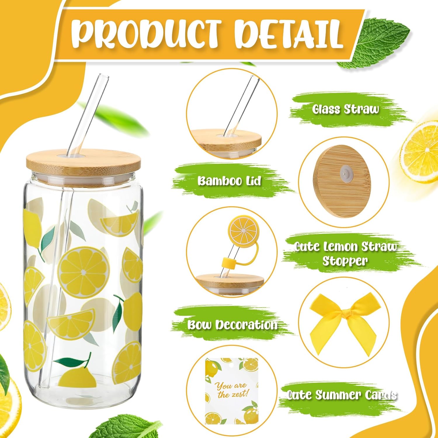 Vesici 6 Set Lemon Glass Cups 16 oz Summer Drinking Tumbler with Lid Straw and Stopper Can Shaped Beer Iced Coffee Cup Appreciation Gifts with Cards and Bow for Summer Party Favor Decorations