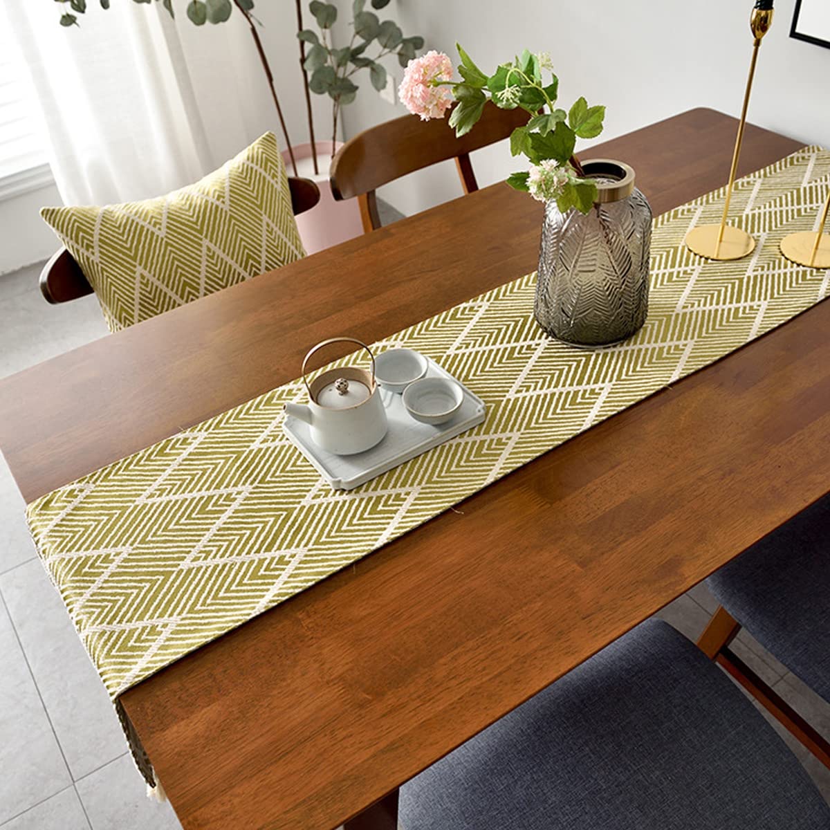 Camino De Mesa Farmhouse Jacquard Striped, Paño De Bandera De Mesa con Flecos Puntiagudos para Bodas, Decoraciones Navideñas, Soporte De TV, Mesa De Centro,12 x 94.5 Inch