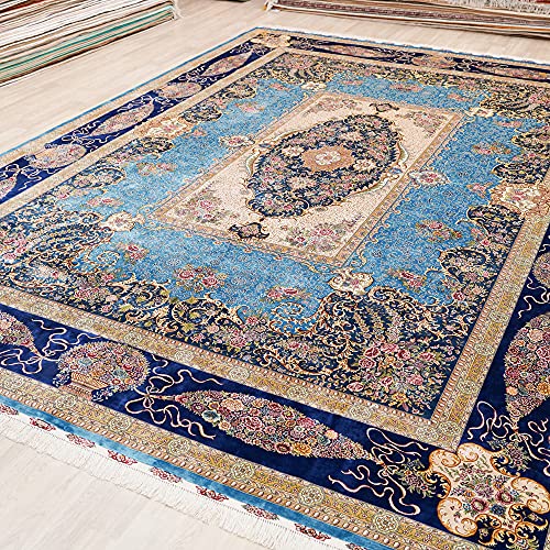 Yuchen Rug Silk Rug 10X14 Blue Handwoven Traditional Medallion Vintage Luxury Oriental Silk Area Rug For Living Room #TOP2