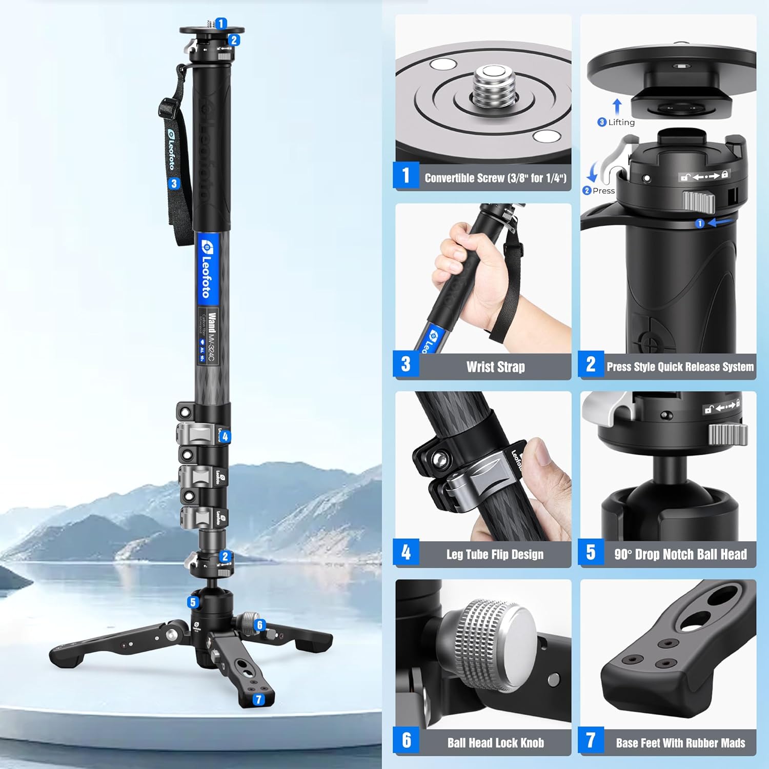 LEOFOTO Carbon Fiber Monopod with Feet, 59" Portable Lightweight Travel Monopod for DSLR Camera, 360° Panorama, 4 Leg Section, Modular 3 in 1