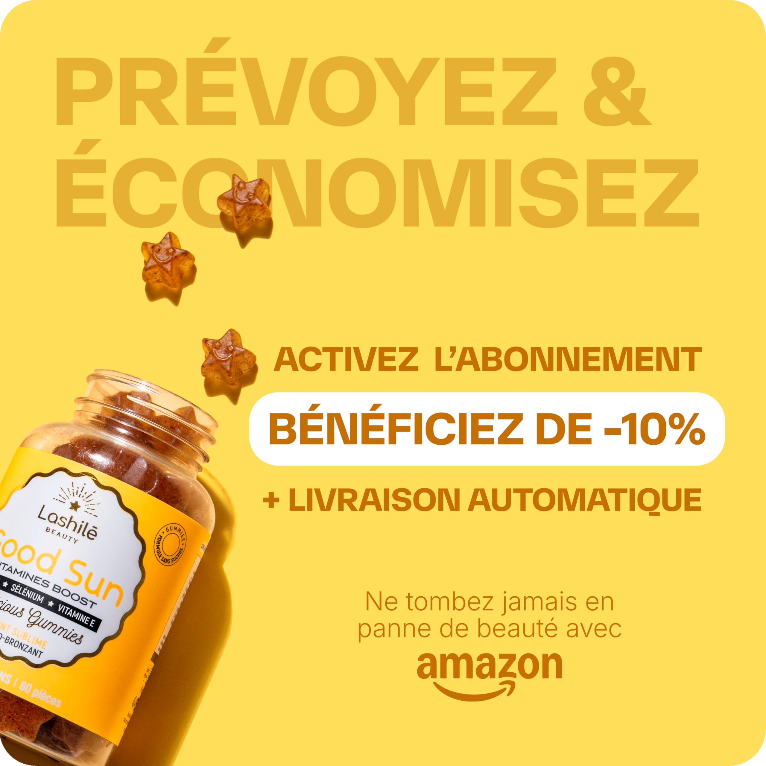 Lashilé Beauty - Gummies Solaire - Autobronzant Préparateur & Accélére le bronzage - Good Sun - Complément Alimentaire Solaire -Vitamine E & A Bêta-carotène - Cure 1 mois 60 Gummies