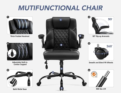 Miniatura 6 de Silla de oficina con soporte lumbar inflable, silla de escritorio ergonómica de cuero para computadora con brazos abatibles, bloqueo de inclinación