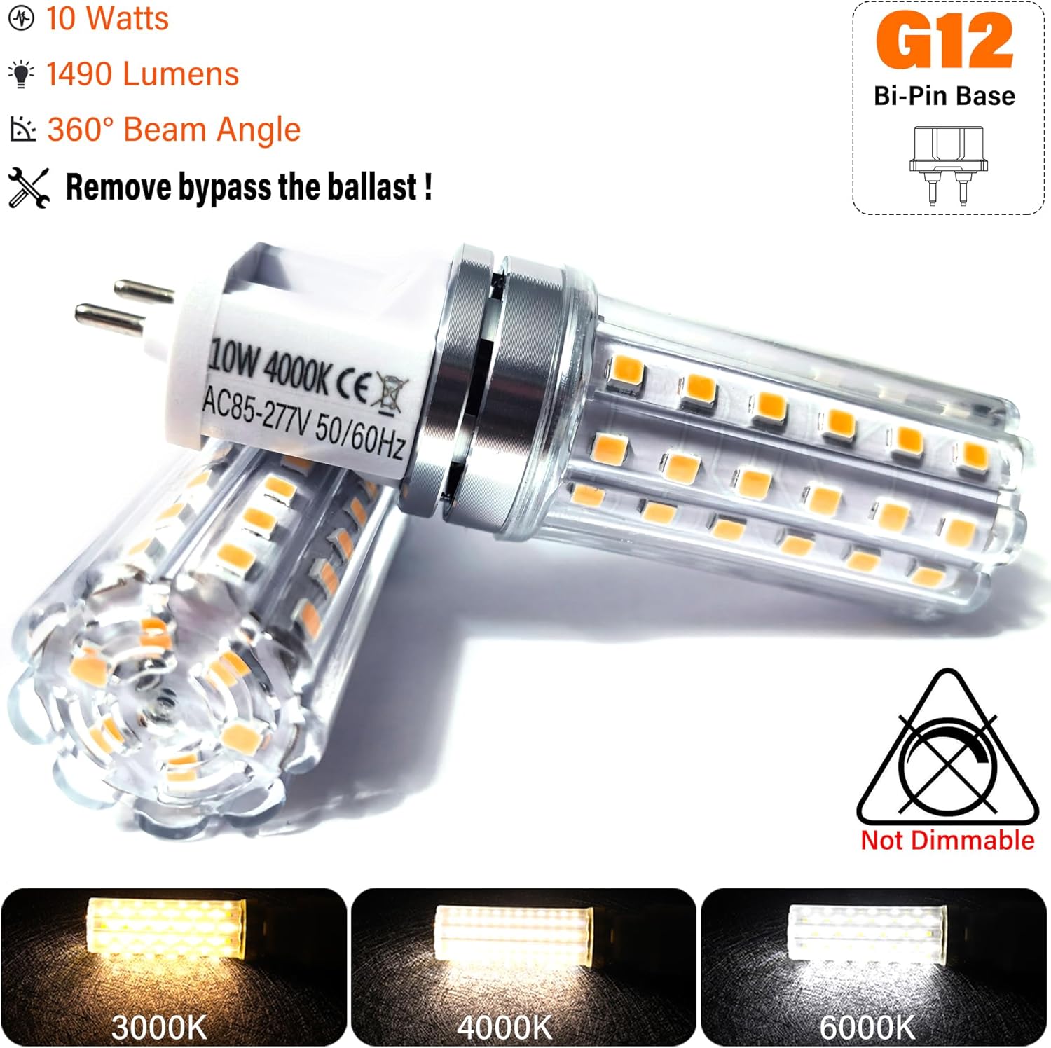 10-Pack G12 Light Source 10 Watt G12 LED Bulb 1490 Lumens G12 Bi-Pin Base LED Corn Light Bulbs (100 Watt Eqv.) 85-277V AC, Not-Dimmable, for Home&Commercial Lighting