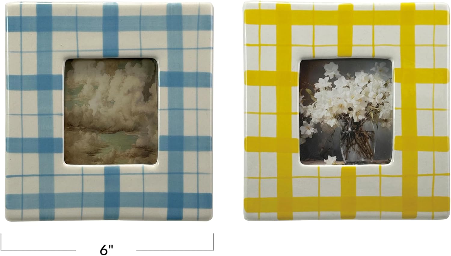 Creative Co-Op 2-Piece Square Hand-Painted Stoneware Plaid Photo Frame Set, Multicolor