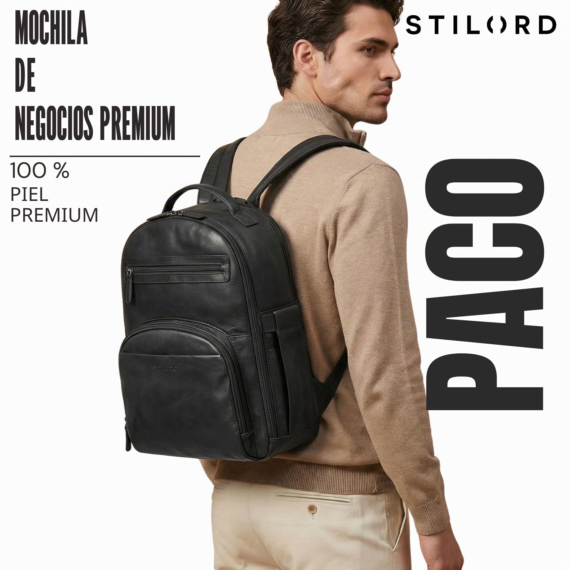 STILORD “Paco” Mochila Hombre Cuero Grande Business | Mochila Trabajo Hombre con Compartimento Portátil 15,6 Pulgadas | Bolso de Viaje Oficina Universidad Color:Negro