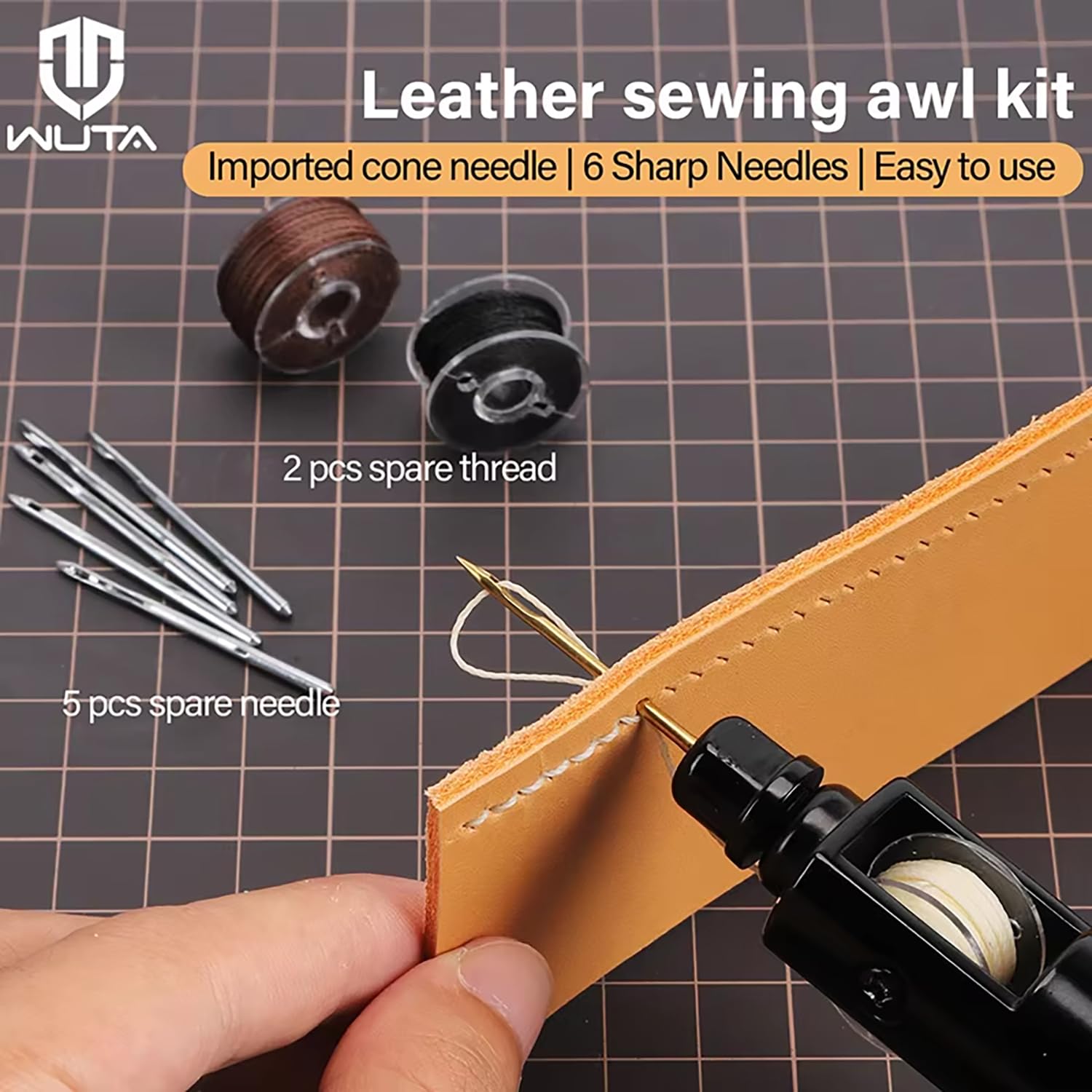 WUTA Punteruolo da cucito avanzato, kit di riparazione per pelle con filo cerato di alta qualità in 25 colori, punteruolo portatile per cucito per lavori di riparazione fai da te (0,65 mm)