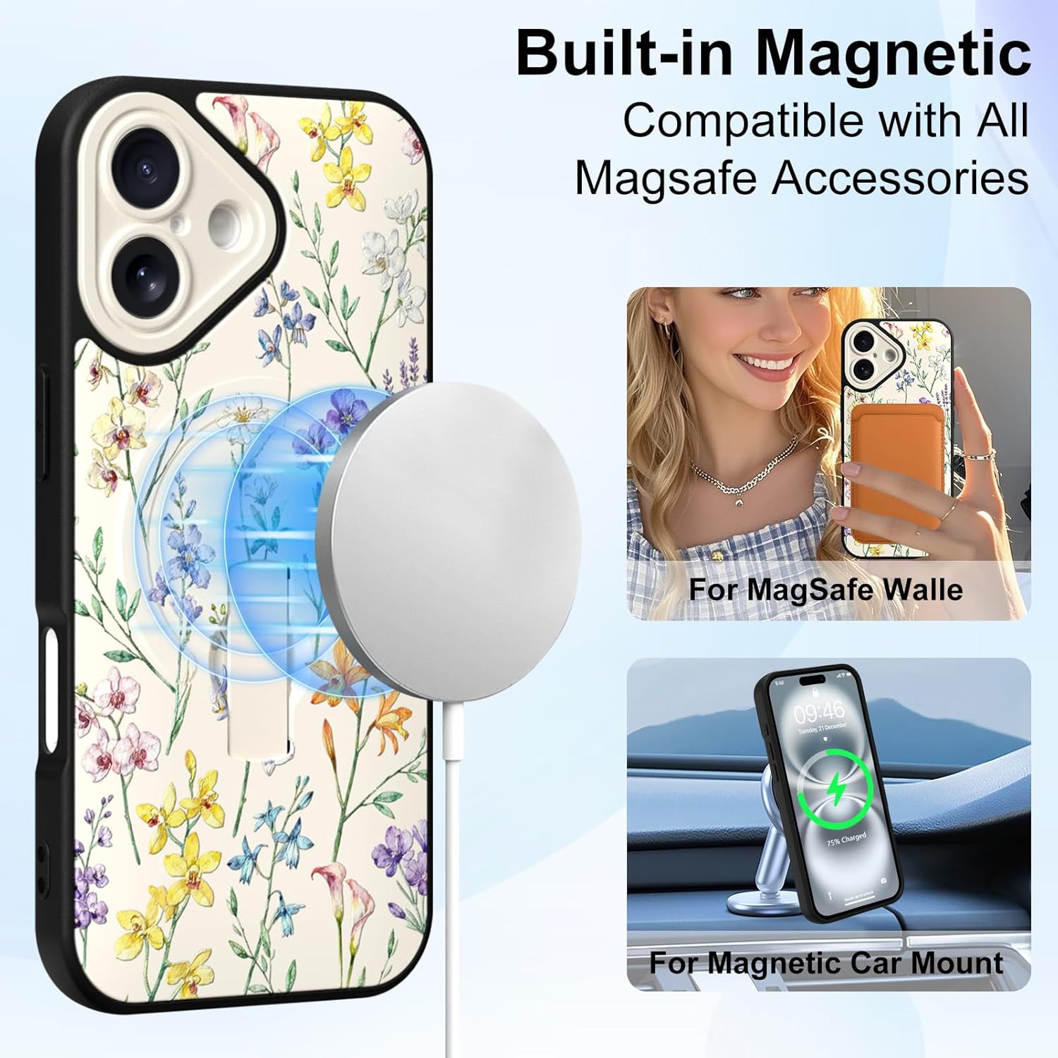MOWIME Magnetic for iPhone 16 Case with Finger Strap Kickstand, Compatible with Magsafe, Cute Floral Flower Pattern Design Phone Case for Women Girls Full Camera Protection Cover, White